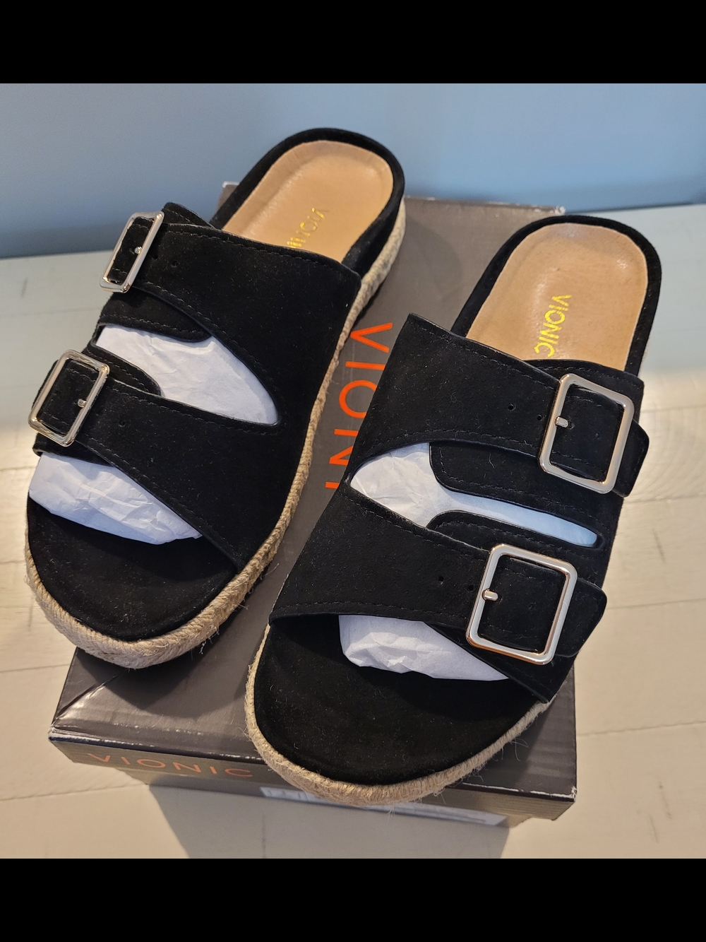 Vionic Black Suede Double Buckle Slide Sandals - Picture 9 of 13